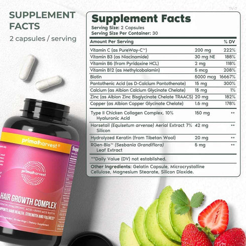 Primal Harvest Hair Growth Vitamins for Women & Men, 60 Pills, Natural Hair Thickening with Biotin & Zinc