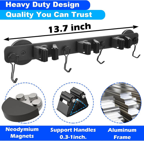 Strong Magnetic Mop Broom Holder - Heavy Duty Hanger with 4 Hooks for Organizing Cleaning Tools in Garage or Kitchen