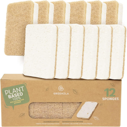 Greenzla Natural Kitchen Sponges 12 Pack - Plant-Based Biodegradable Sisal Hemp Dish Sponge, Eco-friendly & Non-Scratch