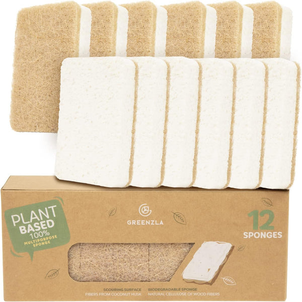 Greenzla Natural Kitchen Sponges 12 Pack - Plant-Based Biodegradable Sisal Hemp Dish Sponge, Eco-friendly & Non-Scratch