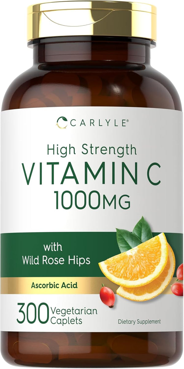 Carlyle Vitamin C 1000mg, 300 Vegetarian Caplets, High Strength Formula with Wild Rose HIPS, Non-GMO, Gluten Free