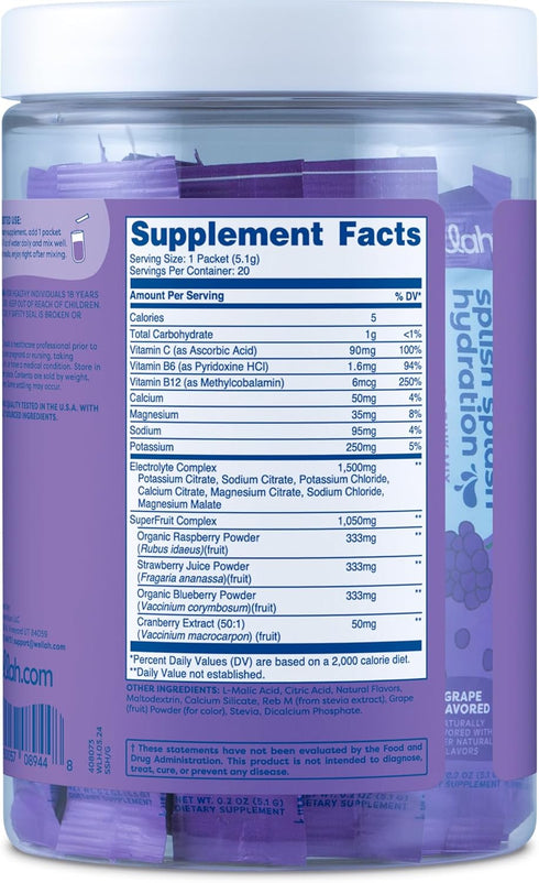 Splish Splash Hydration (Grape Flavor) - 20 Stick Packs Electrolyte Drink Mix with Superfruit Complex