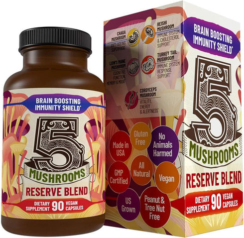 5 Mushrooms Reserve Blend Supplement - Lions Mane, Turkey Tail, Reishi, Chaga, Cordyceps
