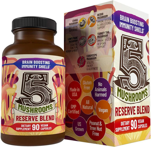 5 Mushrooms Reserve Blend Supplement - Lions Mane, Turkey Tail, Reishi, Chaga, Cordyceps