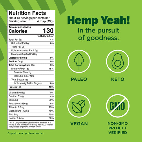 Manitoba Harvest Hemp Yeah! Organic Max Fiber Protein Powder, Unsweetened, 16oz, Keto-Friendly