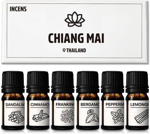 Essential Oils Set, Chiang Mai Series, 6 Pure Oils Kit - Cinnamon, Sandalwood, Frankincense, Peppermint, 10ML