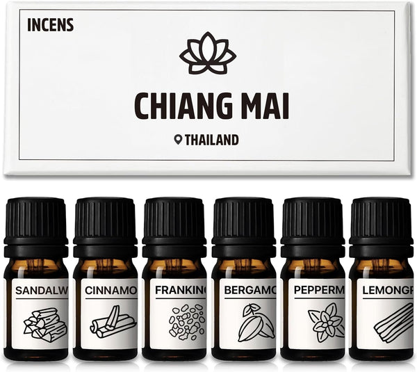 Essential Oils Set, Chiang Mai Series, 6 Pure Oils Kit - Cinnamon, Sandalwood, Frankincense, Peppermint, 10ML
