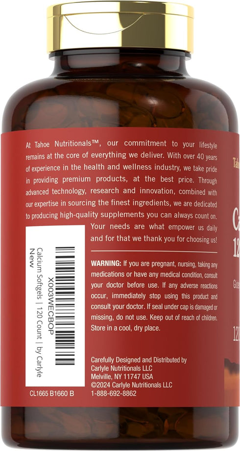 Carlyle Calcium 1200 mg with Vitamin D3, 120 Softgels, Non-GMO, Gluten Free Supplement, Tahoe Nutritionals