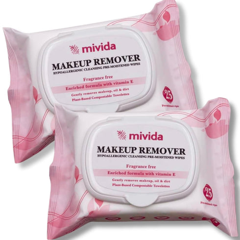mivida Hypoallergenic Makeup Remover Wipes, 2 Pack of 25 Count, Fragrance Free, Alcohol Free, Total 50 Count with
