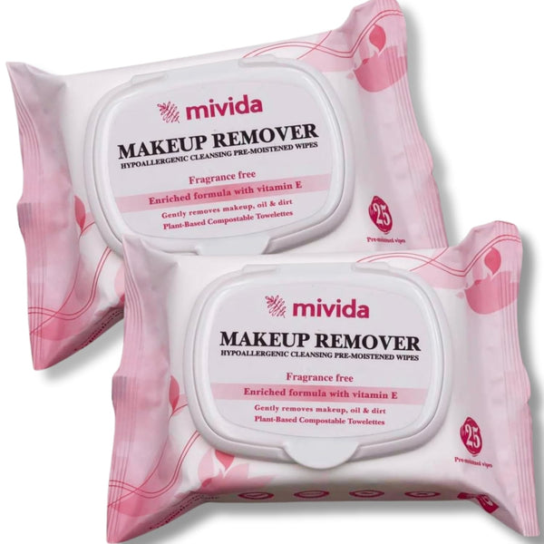 mivida Hypoallergenic Makeup Remover Wipes, 2 Pack of 25 Count, Fragrance Free, Alcohol Free, Total 50 Count with