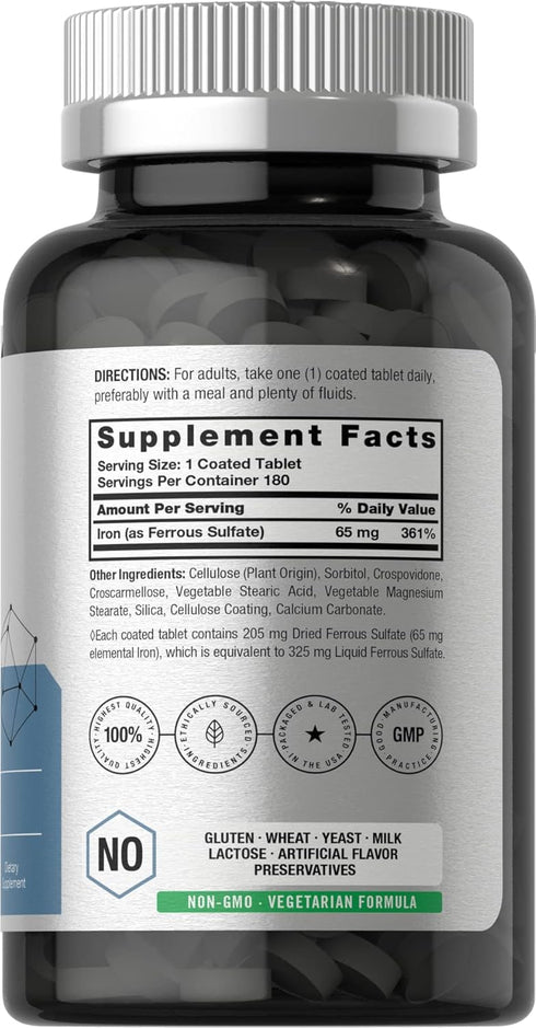 Horbaeach Iron Ferrous Sulfate 325mg | 180 Count | Vegetarian, Non-GMO & Gluten Free Dietary Supplement