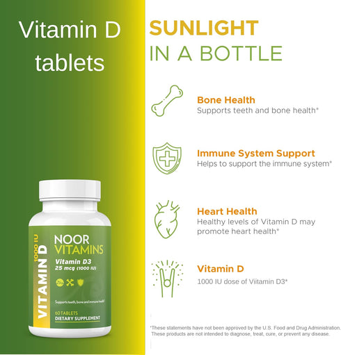 Noor Vitamins Halal Vitamin D, Halal Vitamin D3, 1000 IU Tablets, Supports Bone, Immune & Heart Health, 60 Count