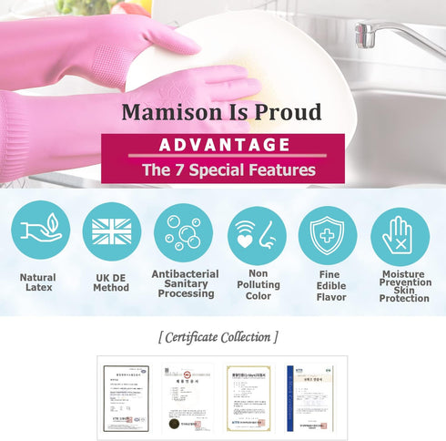 Mamison Pink Kitchen Rubber Gloves (XXL Size, 1 Pair) Reusable Waterproof Dishwashing Gloves