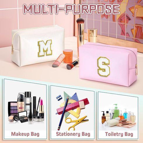 Initial Makeup Bag (White A) - Personalized Zippered PU Leather Waterproof Cosmetic Pouch for Women