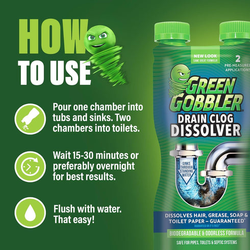 Green Gobbler Liquid Hair Drain Clog Remover & Cleaner, Septic Safe, 2 Pack for Toilets, Sinks, Tubs
