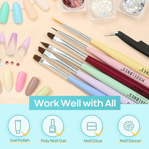 Modelones Nail Art Brush Set, Nail Art Tools with Nail Polish Brush, Nail Extension Gel Brush, Nail Liner Brush, Nail Carved Brush, Nail Dotting Pen, and Builder Nail Gel Brush for Salon at Home DIY