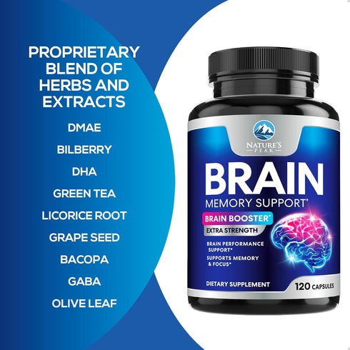 Brain Supplements for Memory and Focus - Nootropic Support with Bacopa, Cognitive Vitamins, 120 Capsules