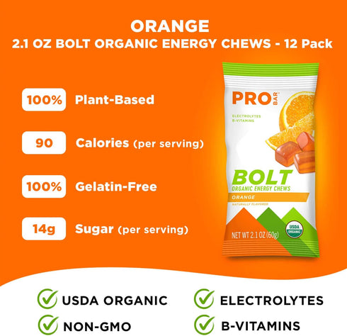 PROBAR - Bolt Organic Energy Chews, Orange, Non-GMO, Gluten-Free, Healthy Fast Fuel Gummies with Vitamins B & C, 2.1