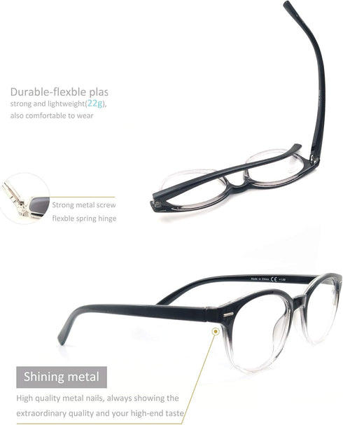 Black Reading Glasses for Women, Cute Small Round Readers +2.25 for Petite Faces, Lightweight Cheaters with Comfortable