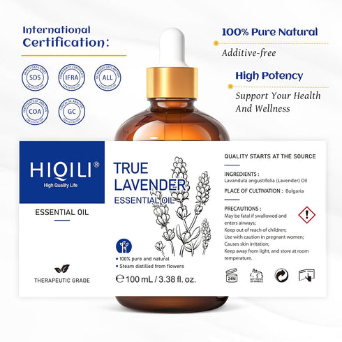 HIQILI Lavender Essential Oil 100ML Pure for Aromatherapy Diffuser, Hair, includes Premium Glass Dropper - 3.38 Fl Oz