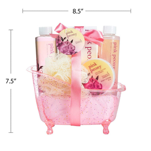Home Spa Gift Basket Peony Spa Set for Women, Includes Shower Gel, Bubble Bath, Body Lotion, Bath Salt & Puff in Pink