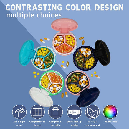Serfeymi 3 Compartment Waterproof Cute Small Pill Box, Travel Portable Multifunctional Case Holder for Vitamins, Fish