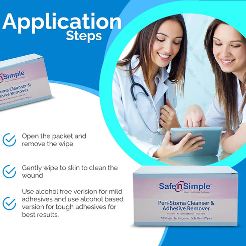 Safe n' Simple Adhesive Remover for Skin - 5"x7" 50 Wipes - Stoma Adhesive Remover Wipes - Alcohol Free for Sensitive