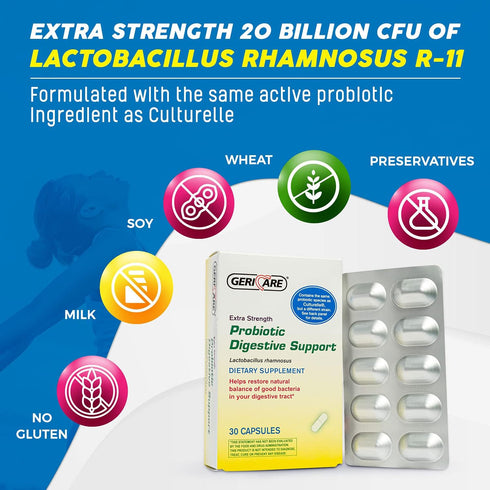 GeriCare Probiotic Digestive Support, Extra Strength 20 Billion CFU Lactobacillus Rhamnosus R-11, 30 Capsules