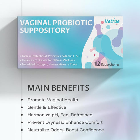 vetrue Dryness(12pcs) Vaginal Probiotic Suppository, Feminine Health for Comfort, pH Balance, Odor Control - Prebiotic
