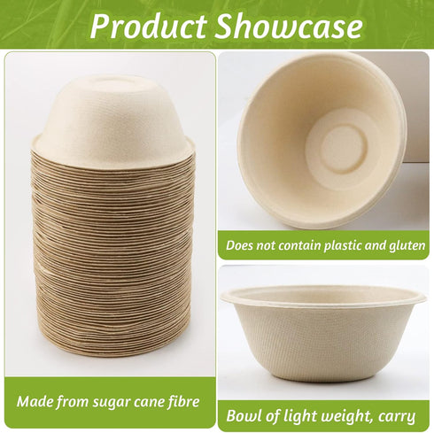 200 Pcs 8 oz Natural Sugarcane Biodegradable Bowls, Disposable Compostable Soup Bowls for Salad, Hot Soup, Dessert