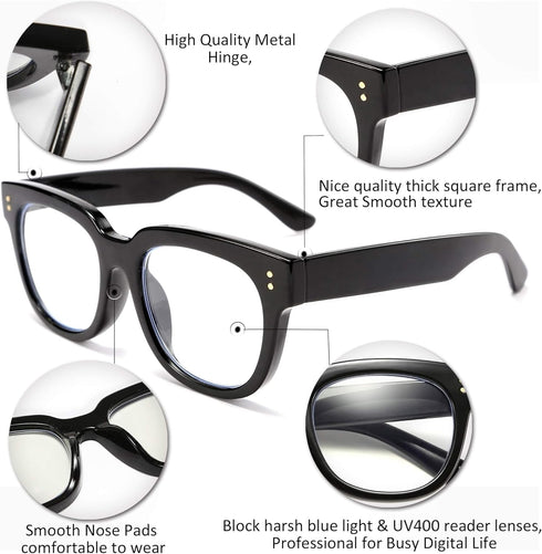 FEISEDY Retro Square Thick Big Frame Blue Light Blocking Reading Glasses, Anti Glare Reader B2523