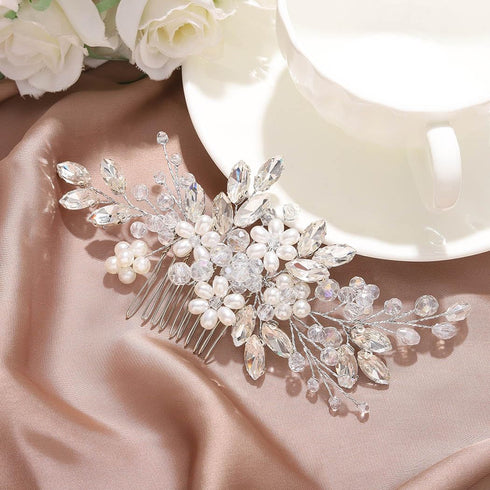 JAKAWIN Bride Wedding Hair Comb - Pearl Flower Hair Piece Rhinestone Bridal Accessories for Women