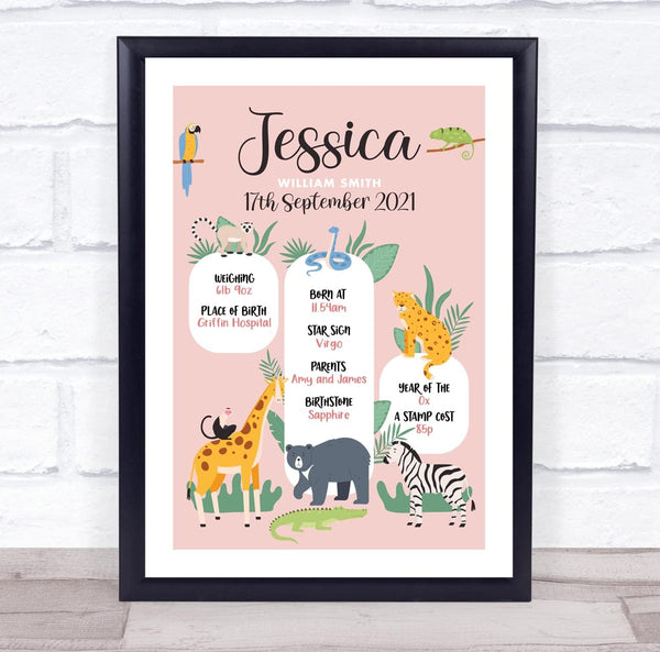 The Card Zoo New Baby Birth Details Christening Nursery Pink Safari Jungle Animals Gift Print