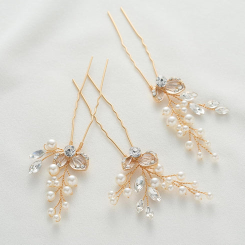 SWEETV Hair Pins, 3Pcs Bridal Hair Accessories, Pearl Wedding Hair Pins, Leaf Bridal Head Piece for Women