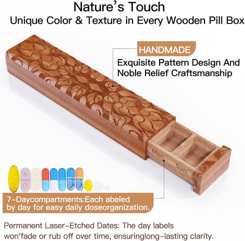 OYTKWU 7 Wooden Day Pill Organizer, Daily Once-a-Day Pill Box, Portable Travel Pill Case with Medium Compartments