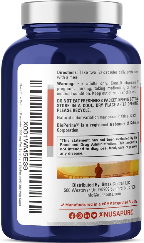 NusaPure Calcium Pyruvate 1500mg, 200 Vegetarian Caps, Non-GMO, Vegan