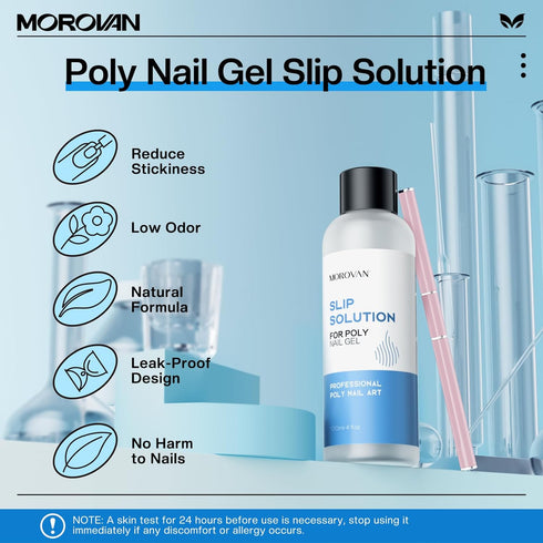 Morovan Poly Gel Slip Solution Kit, 4oz Liquid for Poly Gel Nails with Dual-Ended Brush Pusher for Beginners