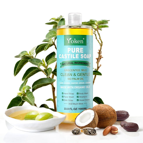 Yoken Pure Castile Soap Liquid, Unscented, 67 fl oz, Organic Oil, Vegan, Natural Multi-purpose Soap