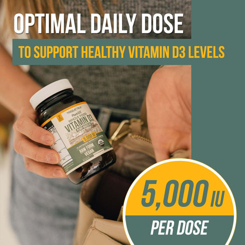 Organic Vitamin D3 5,000 IU - 60 Capsules, 100% Whole Food & Plant-Based, Vegan, Enhanced with Prebiotic & Superfood