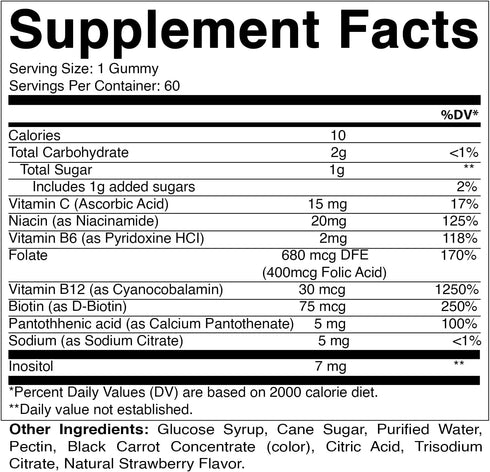 Vitamatic Natural Strawberry Flavor Vitamin B Complex Gummies with Vitamin C & Inositol - 60 Gummies (2 Bottles)