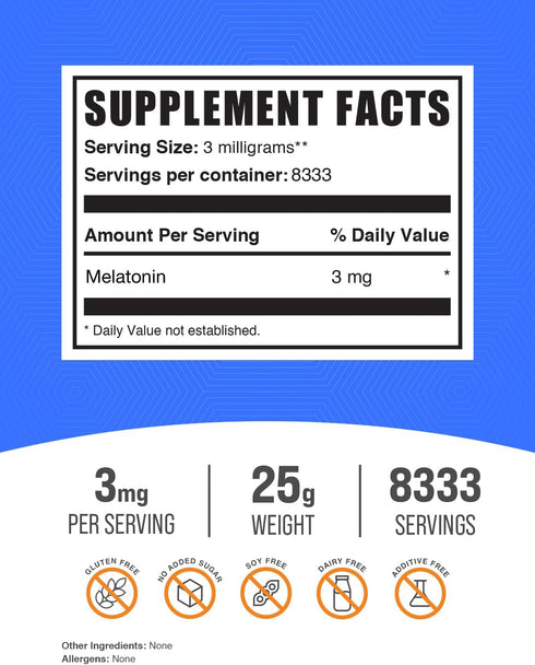 BulkSupplements.com Melatonin Powder - Sleep Supplement, Melatonin for Adults, Melatonin 3 mg - Vegan Melatonin, Pure & Gluten Free, 3mg per Serving, 25g (0.88 oz) (Pack of 1)