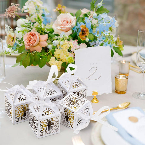 50PCS Baptism Favor Boxes, 2.2''x2.2'' Laser Cut with 50 Ribbons for Baby Shower & First Communion Party