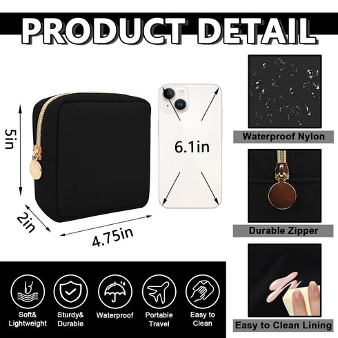 Waterproof Mini Makeup Bag Pouch for Purse,Small Cosmetic Bag Pouch Nylon Travel Toiletry Organizers Bag for Women Girls,Cute Mini Zipper Pouch Preppy Coin Purse for School Work(Mini-Black)
