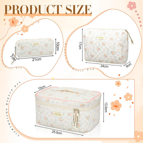 3 Pcs Quilted Makeup Bag Large Cosmetic Bag Floral Makeup Bag Travel Aesthetic Cute Kawaii Toiletry Cosmetic Pouch with Zipper for Women Gifts Home Bathroom(Apricot Peony)