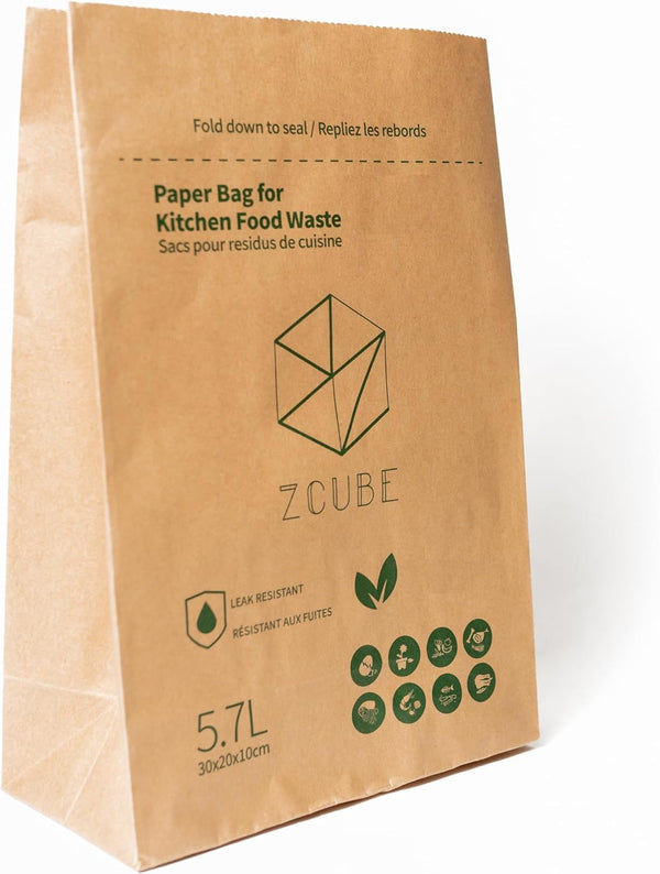 Zcube Kitchen Food Waste Paper Bag, Sets of 6, Leak Resistant Liner, Size Small, 60 Bags