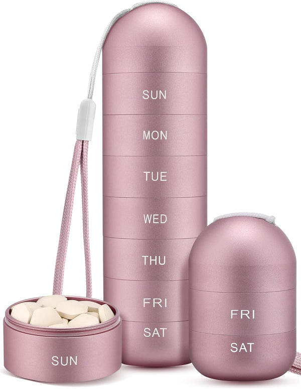 Zannaki Weekly Pill Organizer - Metal Moisture Proof, Stackable Aluminum Alloy, BPA Free, 7 Day Pill Box Case