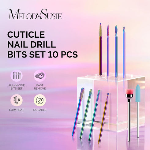 MelodySusie Nail Drill Kit, 10pcs 3/32 Inch Diamond Cuticle Bits, Manicure Pedicure Tools, Rainbow