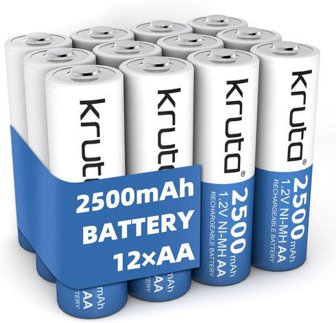 Kruta Rechargeable AA Batteries, Ni-MH Double A Solar Batteries 2500mAh High Capacity 1.2V
