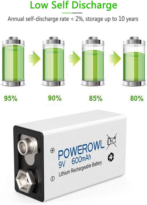 POWEROWL 9V Rechargeable Batteries 600mAh Lithium-ion Low Self Discharge Battery 4 Pack for Smoke Detector and More