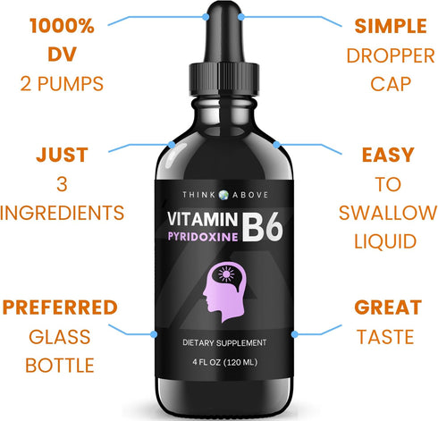Liquid B6 Pyridoxine Supplement, Vitamin B-6 (Pyridoxine Hydrochloride), 4 oz Glass Bottle